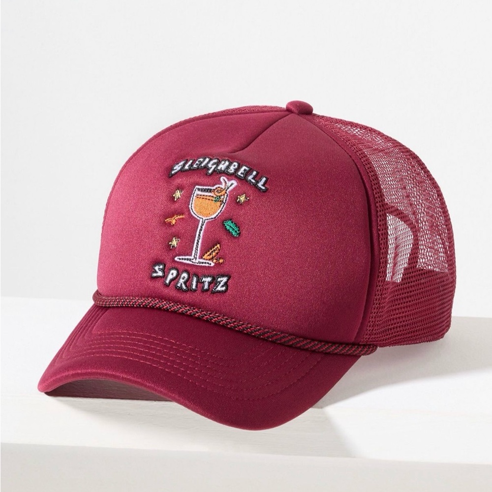 Anthropologie Burgundy 'Sleighbell Spritz' Embroidered Trucker Hat NWT